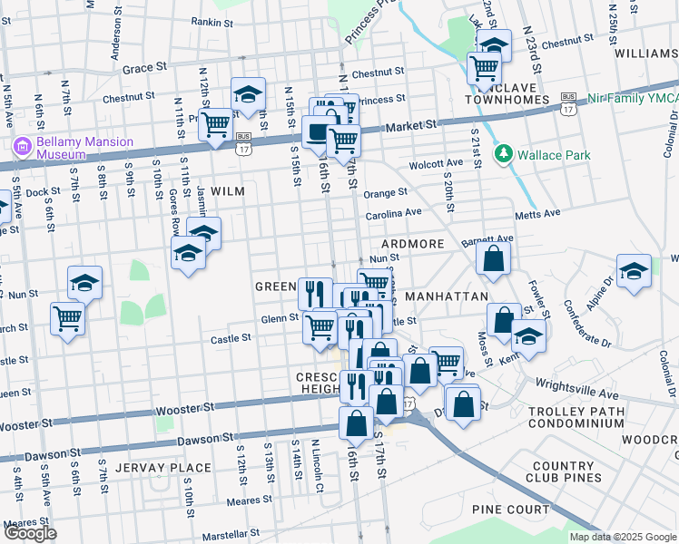map of restaurants, bars, coffee shops, grocery stores, and more near 405 South 16th Street in Wilmington