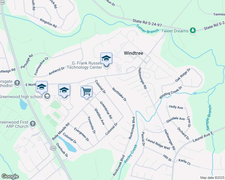 map of restaurants, bars, coffee shops, grocery stores, and more near 1109 Northlake Drive in Greenwood