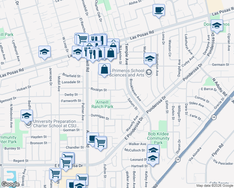 map of restaurants, bars, coffee shops, grocery stores, and more near 2513 Exeter Court in Camarillo