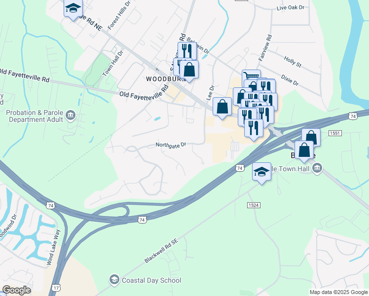 map of restaurants, bars, coffee shops, grocery stores, and more near 1006 Dandy Court in Leland