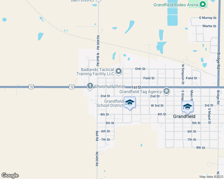 map of restaurants, bars, coffee shops, grocery stores, and more near 1023 1st Street in Grandfield