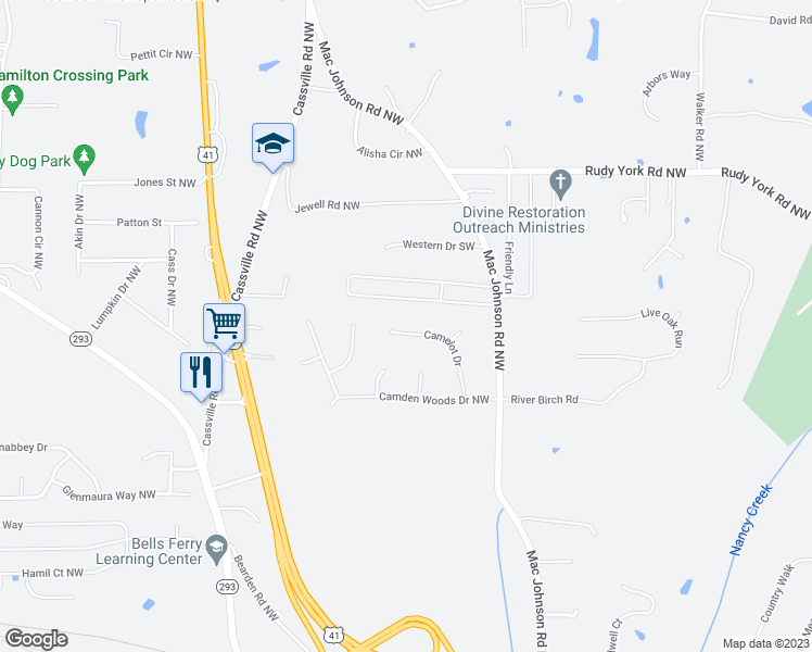 map of restaurants, bars, coffee shops, grocery stores, and more near 32 Camelot Drive in Cartersville