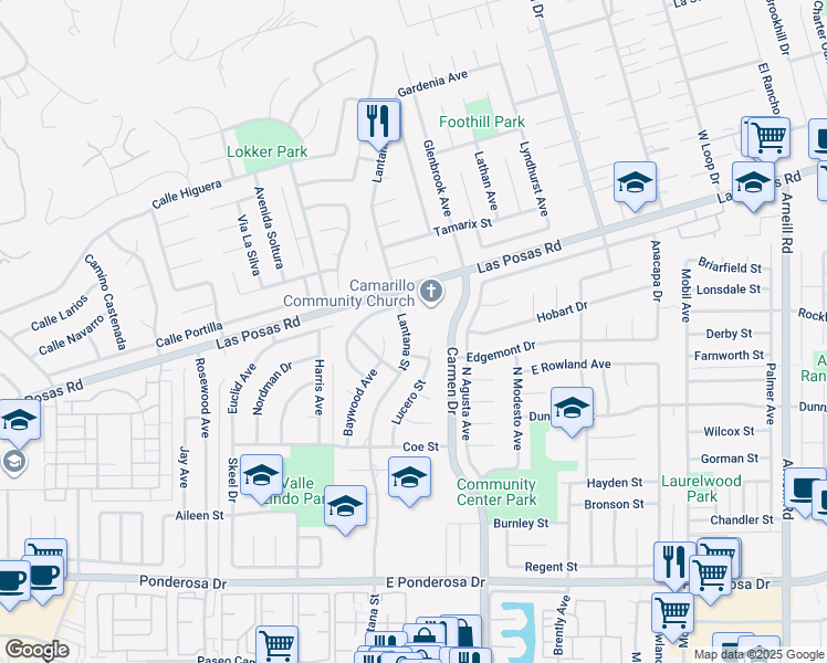 map of restaurants, bars, coffee shops, grocery stores, and more near 1416 Lantana Street in Camarillo