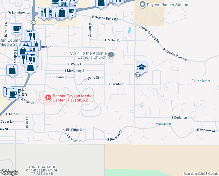 map of restaurants, bars, coffee shops, grocery stores, and more near 36 East Frontier Street in Payson