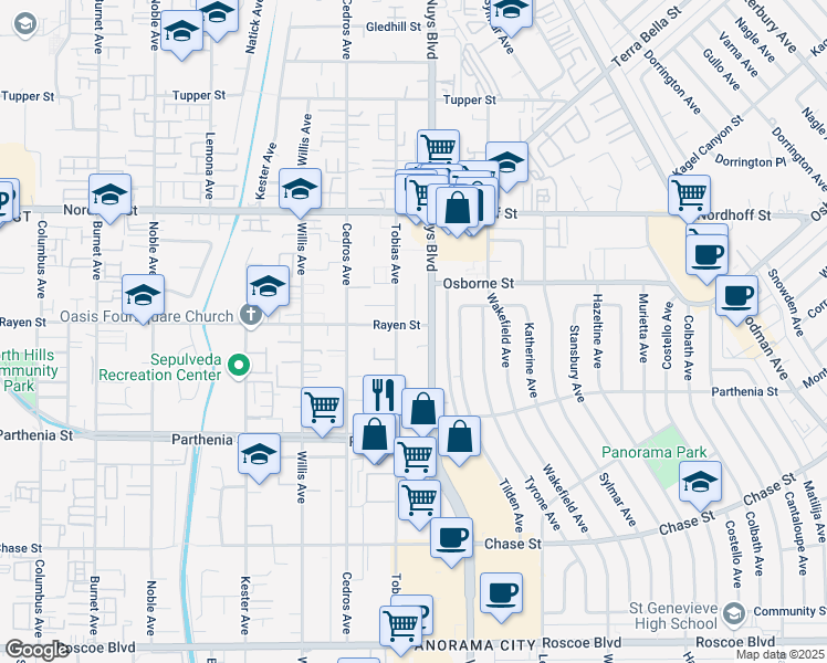 map of restaurants, bars, coffee shops, grocery stores, and more near 8849 Van Nuys Boulevard in Los Angeles
