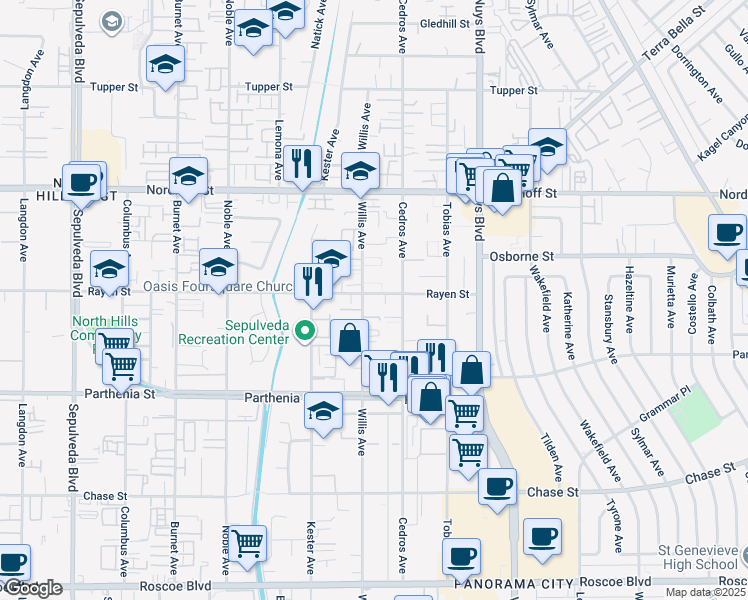 map of restaurants, bars, coffee shops, grocery stores, and more near 8846 Willis Avenue in Los Angeles