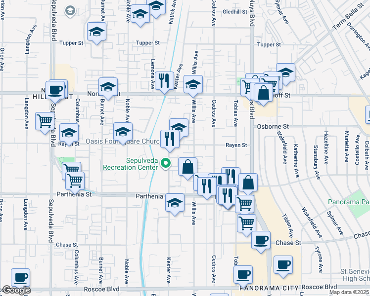 map of restaurants, bars, coffee shops, grocery stores, and more near 14834 Rayen Street in Los Angeles