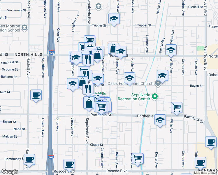 map of restaurants, bars, coffee shops, grocery stores, and more near 15222 Rayen Street in Los Angeles