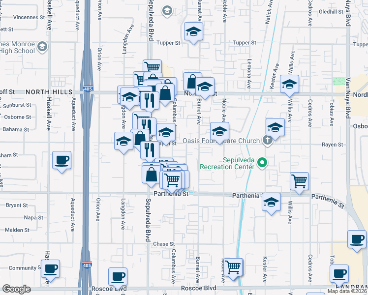 map of restaurants, bars, coffee shops, grocery stores, and more near 15222 Rayen Street in Los Angeles