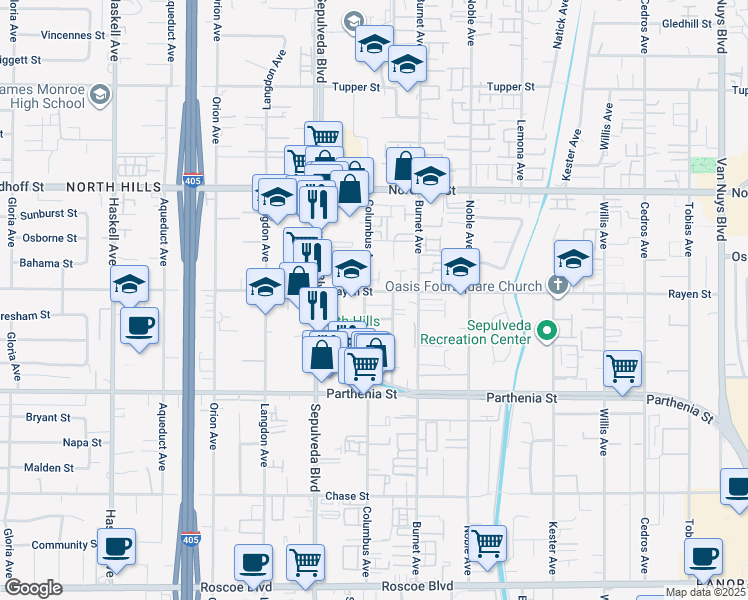 map of restaurants, bars, coffee shops, grocery stores, and more near 15260 Rayen Street in Los Angeles