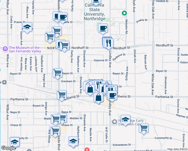 map of restaurants, bars, coffee shops, grocery stores, and more near 18210 Rayen Street in Los Angeles