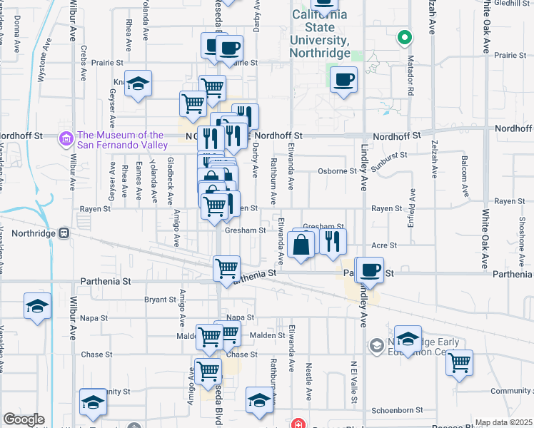 map of restaurants, bars, coffee shops, grocery stores, and more near 8844 Darby Avenue in Los Angeles