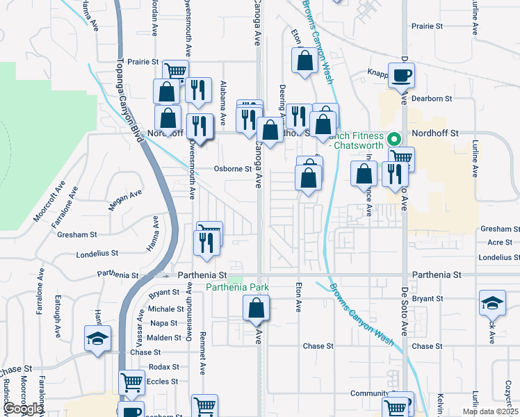 map of restaurants, bars, coffee shops, grocery stores, and more near 8855 Canoga Avenue in Los Angeles