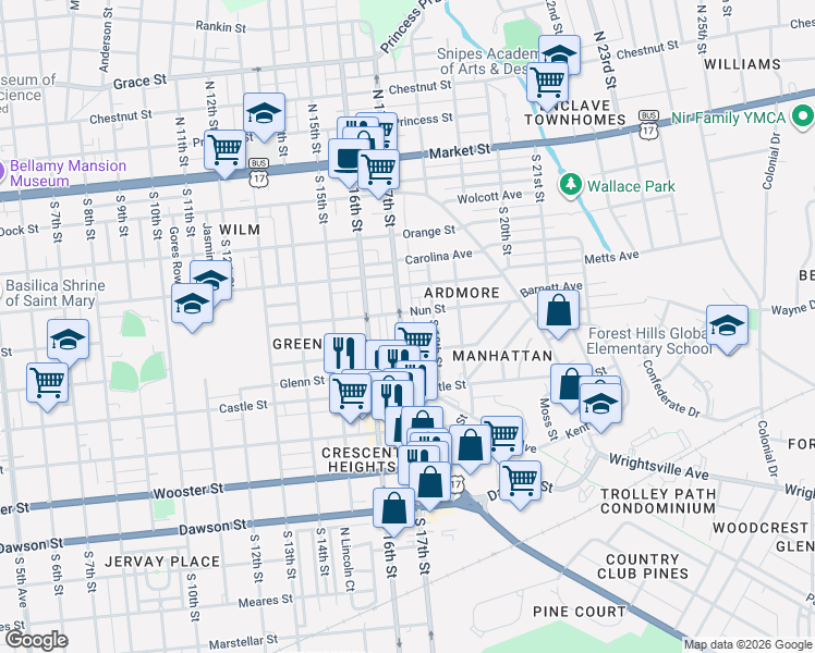 map of restaurants, bars, coffee shops, grocery stores, and more near 421 Sarah Alley in Wilmington