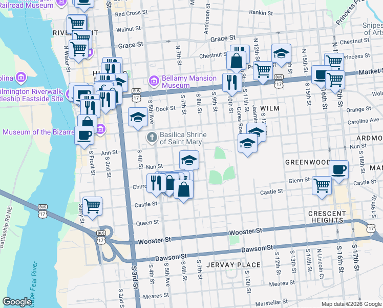 map of restaurants, bars, coffee shops, grocery stores, and more near 317 South 7th Street in Wilmington