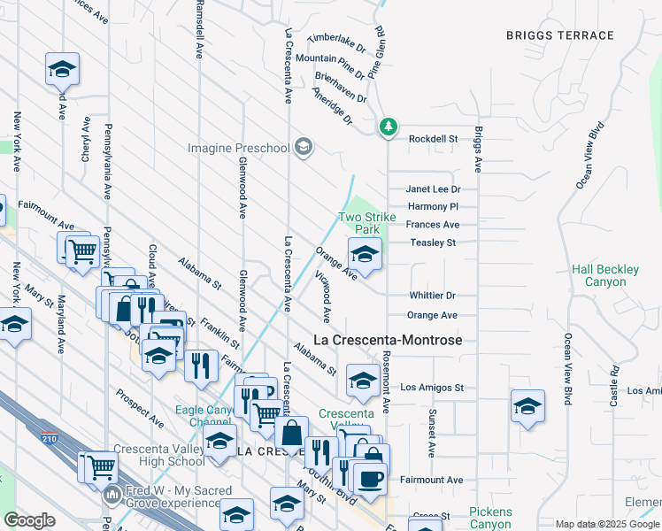 map of restaurants, bars, coffee shops, grocery stores, and more near 2702 Orange Avenue in La Crescenta-Montrose