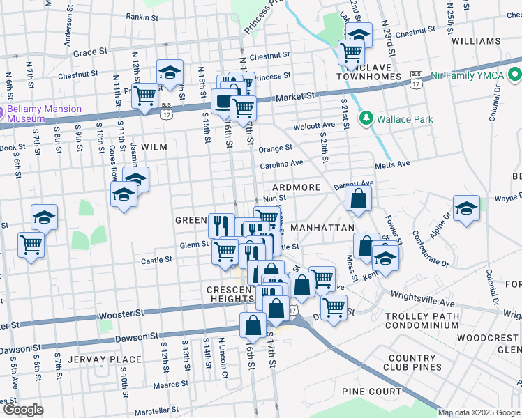 map of restaurants, bars, coffee shops, grocery stores, and more near 407 South 17th Street in Wilmington
