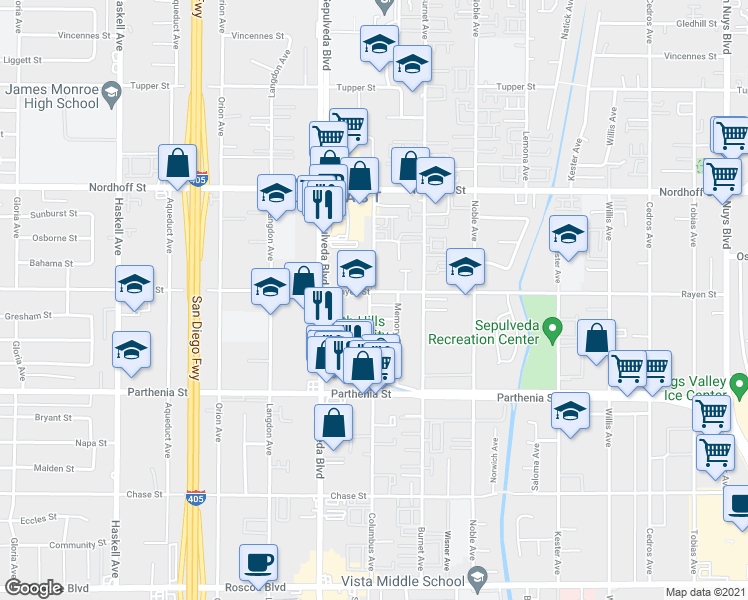 map of restaurants, bars, coffee shops, grocery stores, and more near 15260 Rayen Street in Los Angeles