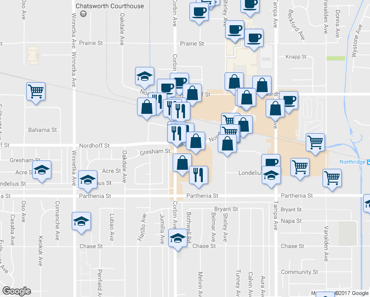 map of restaurants, bars, coffee shops, grocery stores, and more near 8870 Corbin Ave in Northridge