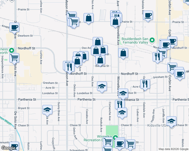 map of restaurants, bars, coffee shops, grocery stores, and more near 8858 Oso Avenue in Los Angeles