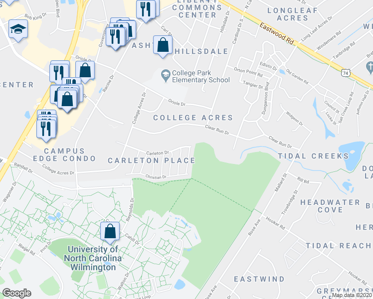 map of restaurants, bars, coffee shops, grocery stores, and more near 5343 Christian Drive in Wilmington