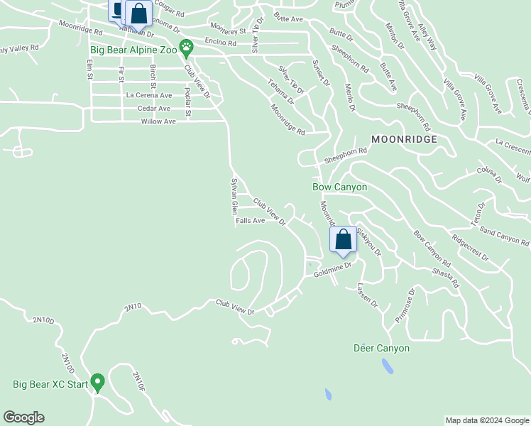map of restaurants, bars, coffee shops, grocery stores, and more near 1124 Club View Drive in Big Bear Lake