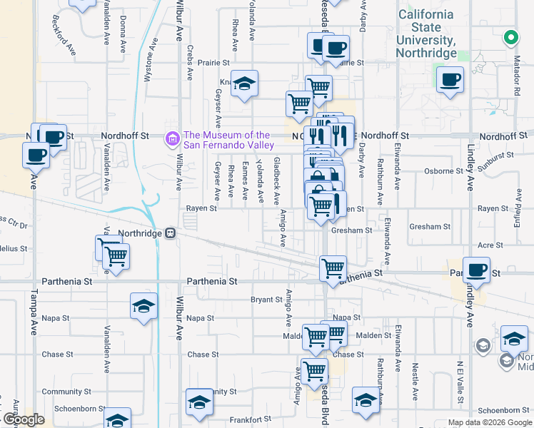 map of restaurants, bars, coffee shops, grocery stores, and more near 18628 Rayen Street in Los Angeles
