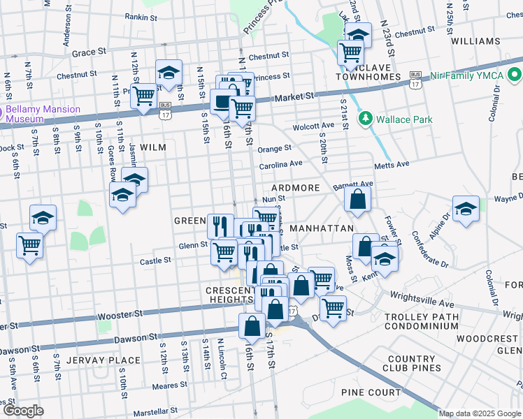 map of restaurants, bars, coffee shops, grocery stores, and more near 407 South 17th Street in Wilmington