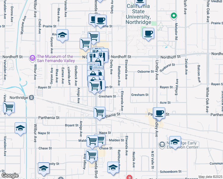 map of restaurants, bars, coffee shops, grocery stores, and more near 8827 Darby Avenue in Los Angeles
