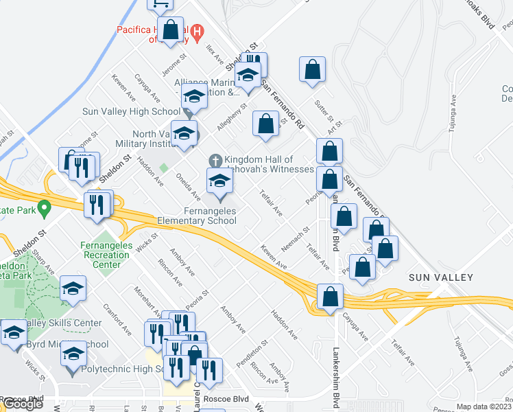 map of restaurants, bars, coffee shops, grocery stores, and more near 8928 Cayuga Avenue in Los Angeles