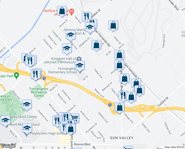 map of restaurants, bars, coffee shops, grocery stores, and more near 8928 Cayuga Avenue in Los Angeles