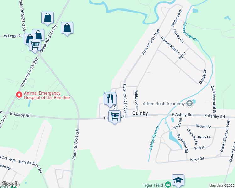 map of restaurants, bars, coffee shops, grocery stores, and more near 113 Dogwood Lane in Quinby
