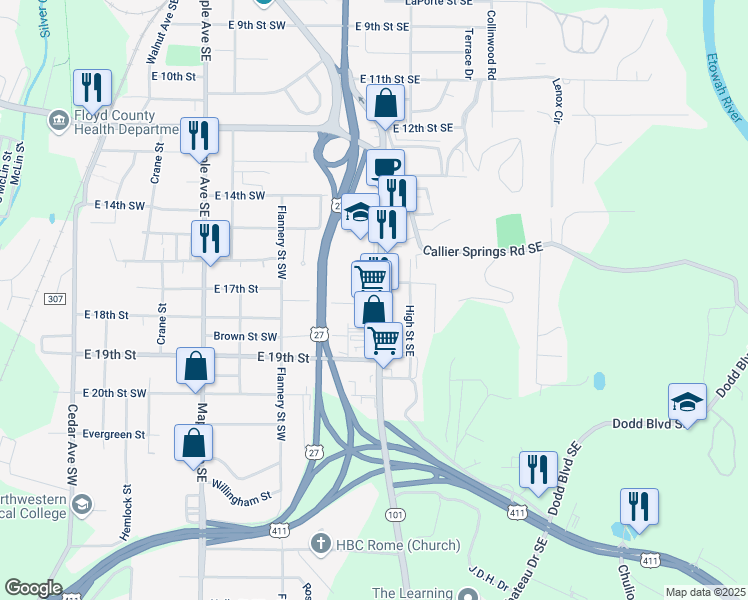 map of restaurants, bars, coffee shops, grocery stores, and more near 1704 Dean Avenue in Rome