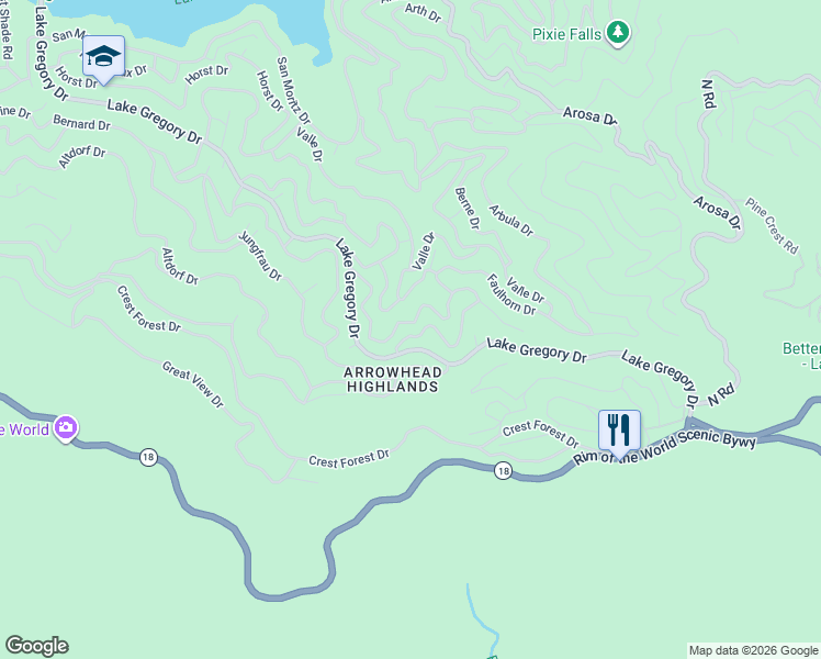 map of restaurants, bars, coffee shops, grocery stores, and more near 24790 Felsen Drive in Crestline