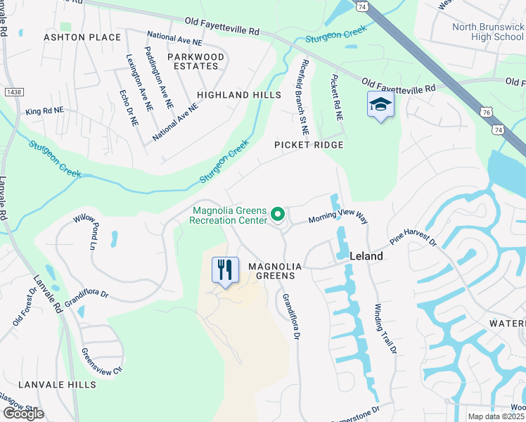 map of restaurants, bars, coffee shops, grocery stores, and more near 202 Windchime Way in Leland