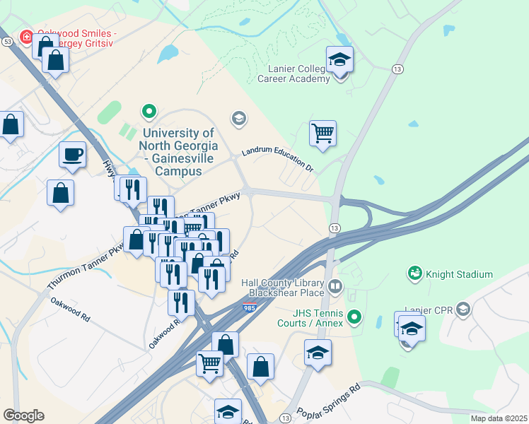 map of restaurants, bars, coffee shops, grocery stores, and more near 3070 Commons Drive in Gainesville