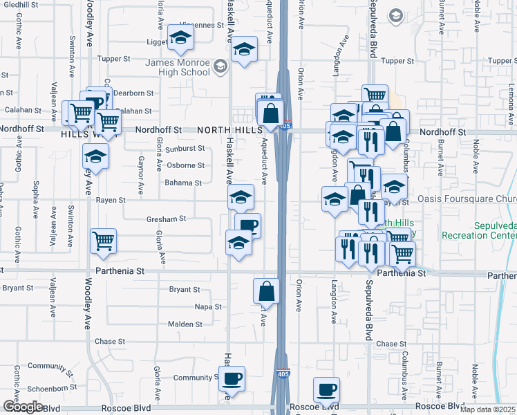 map of restaurants, bars, coffee shops, grocery stores, and more near 15708 Rayen Street in Los Angeles