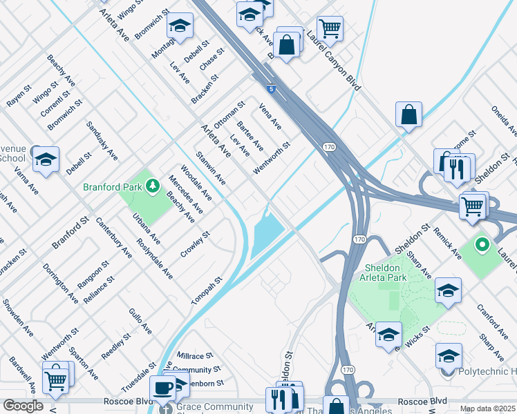 map of restaurants, bars, coffee shops, grocery stores, and more near 8917 Flashman Avenue in Los Angeles