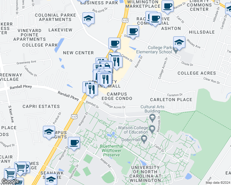 map of restaurants, bars, coffee shops, grocery stores, and more near 452 Racine Drive in Wilmington