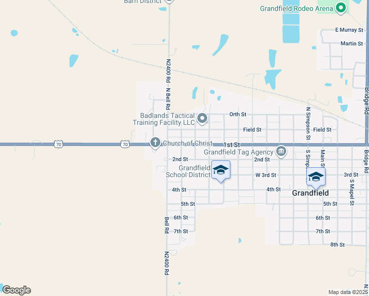 map of restaurants, bars, coffee shops, grocery stores, and more near 1023 1st Street in Grandfield
