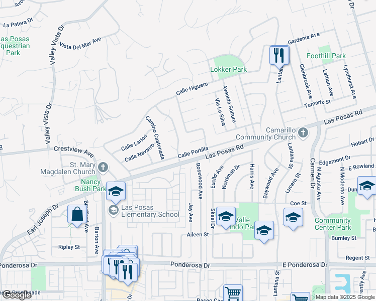 map of restaurants, bars, coffee shops, grocery stores, and more near 543 Calle Portilla in Camarillo