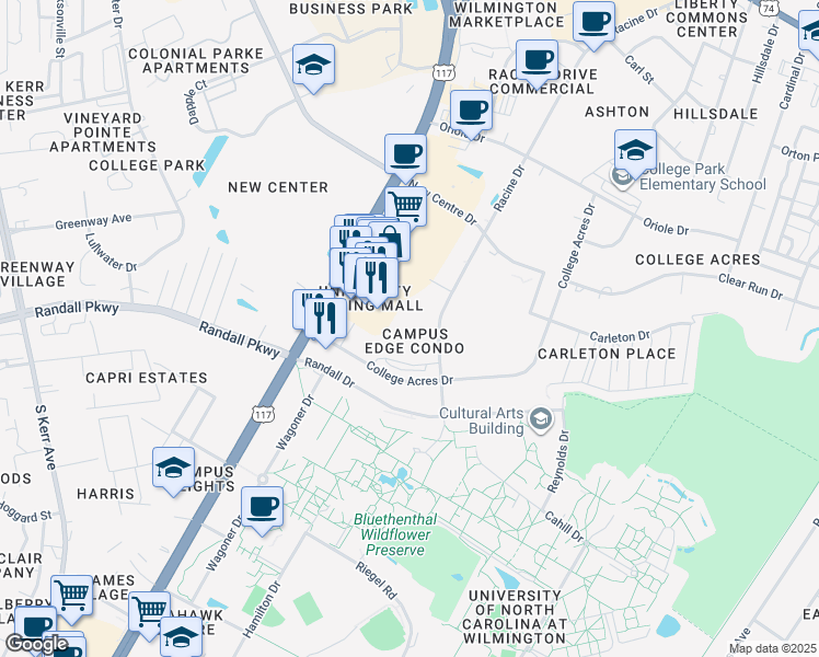 map of restaurants, bars, coffee shops, grocery stores, and more near 400 Racine Drive in Wilmington