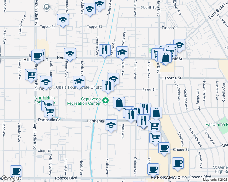 map of restaurants, bars, coffee shops, grocery stores, and more near 14834 Rayen Street in Los Angeles