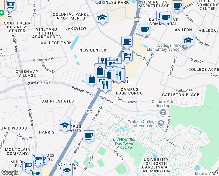 map of restaurants, bars, coffee shops, grocery stores, and more near 4709 College Acres Drive in Wilmington