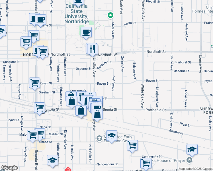 map of restaurants, bars, coffee shops, grocery stores, and more near 8852 Newcastle Avenue in Los Angeles