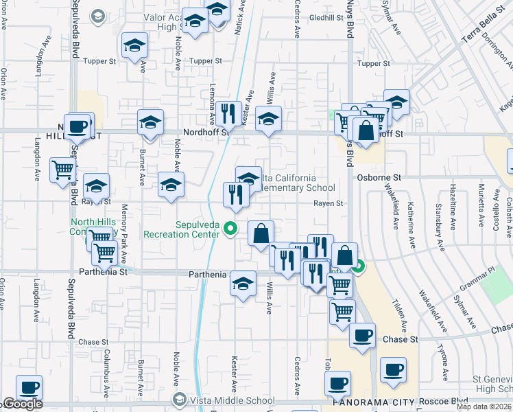 map of restaurants, bars, coffee shops, grocery stores, and more near 14828 Rayen Street in Los Angeles
