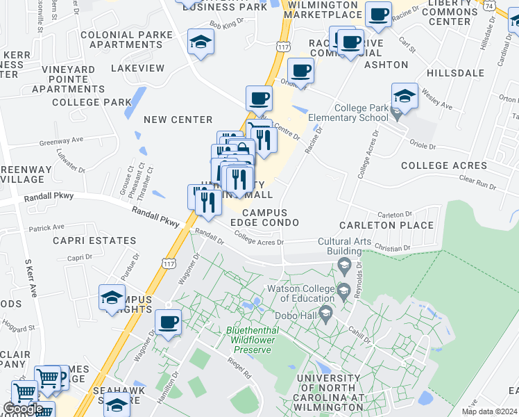 map of restaurants, bars, coffee shops, grocery stores, and more near 452 Racine Drive in Wilmington