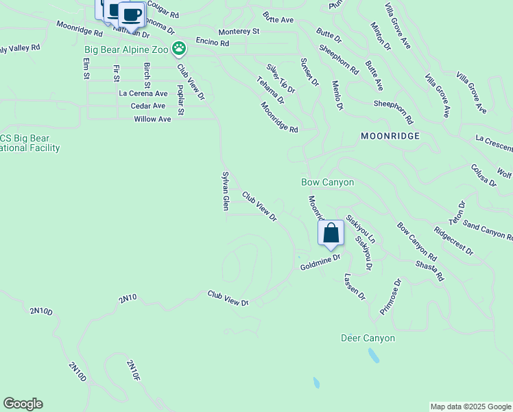 map of restaurants, bars, coffee shops, grocery stores, and more near 1124 Club View Drive in Big Bear Lake