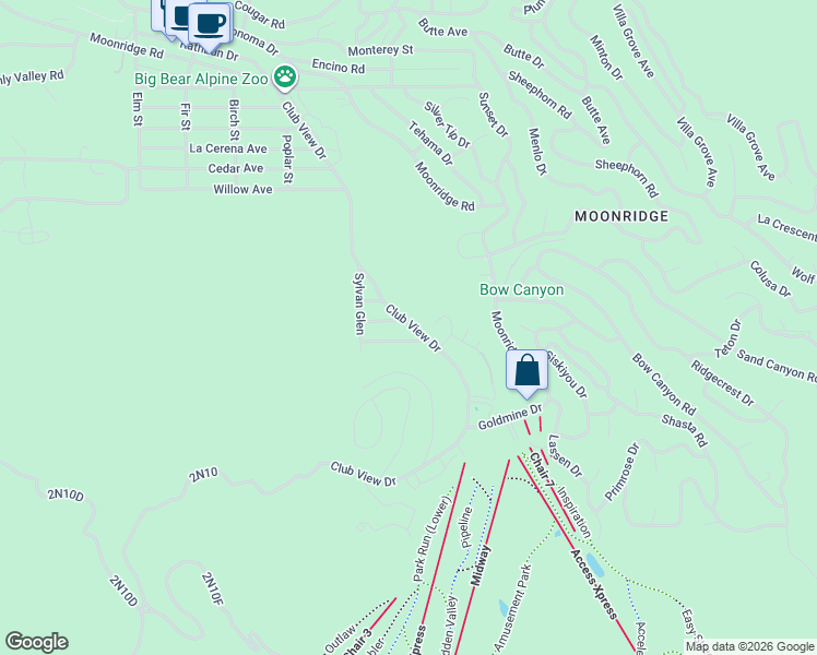 map of restaurants, bars, coffee shops, grocery stores, and more near in Big Bear Lake