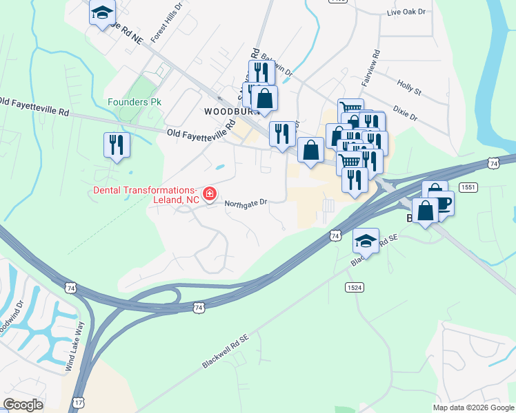map of restaurants, bars, coffee shops, grocery stores, and more near 1006 Dandy Court in Leland